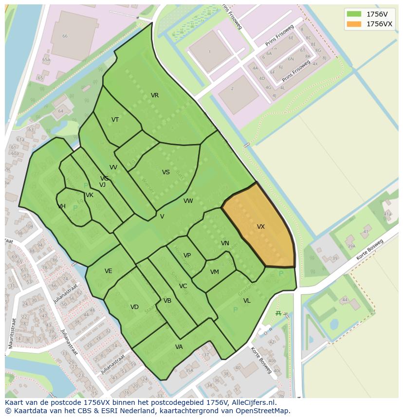 Afbeelding van het postcodegebied 1756 VX op de kaart.