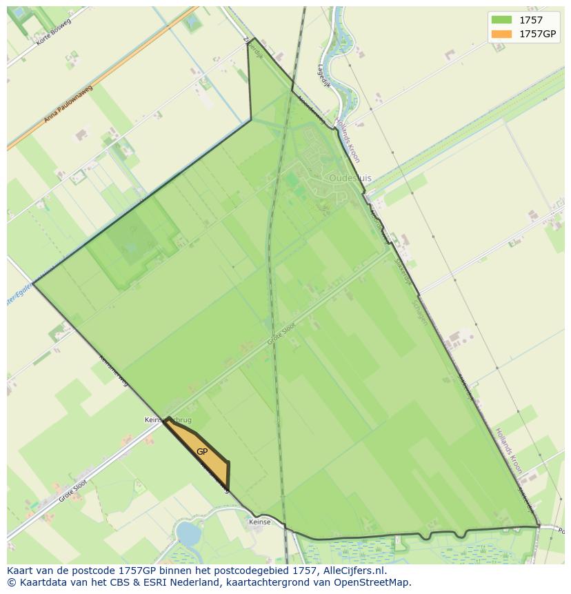 Afbeelding van het postcodegebied 1757 GP op de kaart.