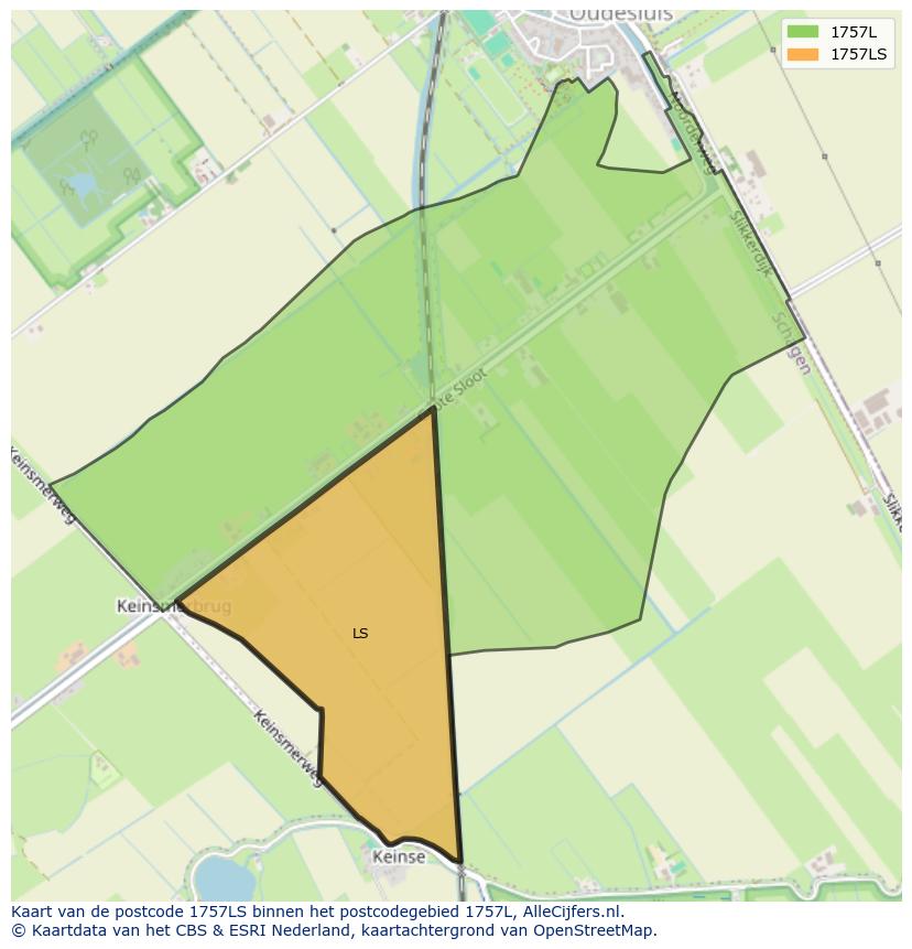 Afbeelding van het postcodegebied 1757 LS op de kaart.
