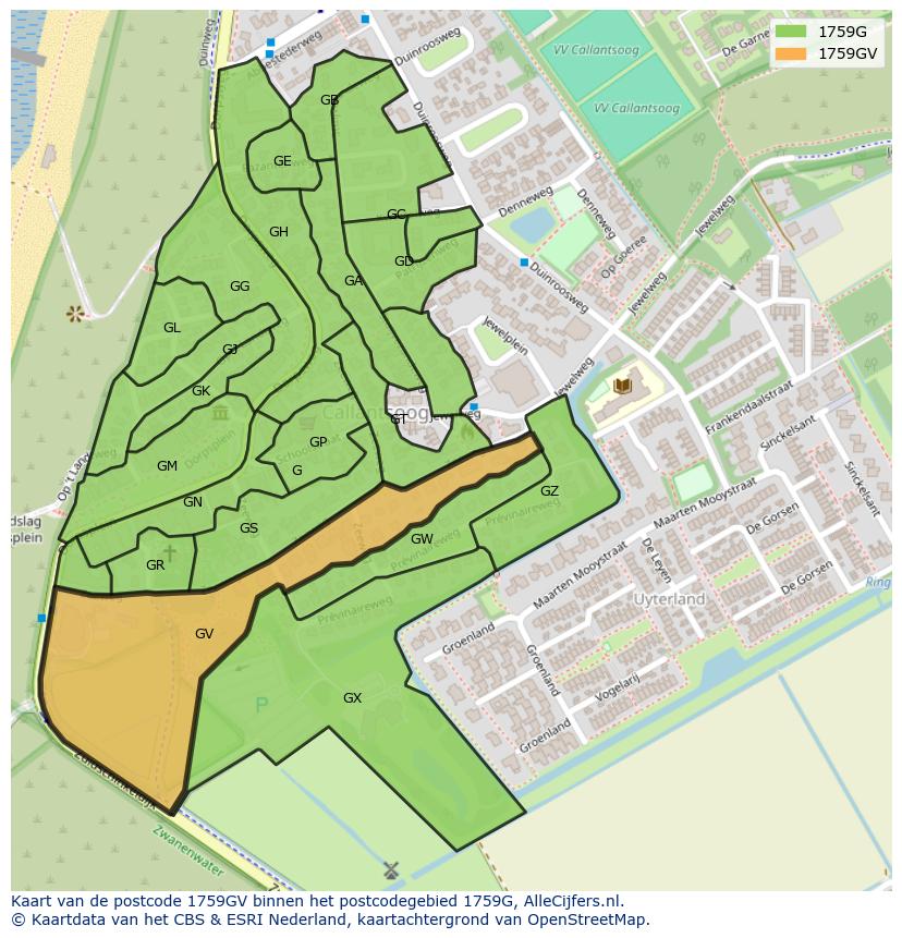 Afbeelding van het postcodegebied 1759 GV op de kaart.