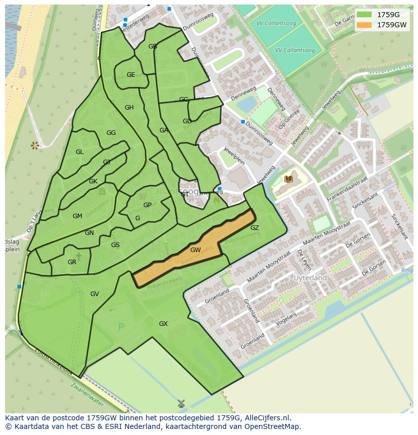 Afbeelding van het postcodegebied 1759 GW op de kaart.