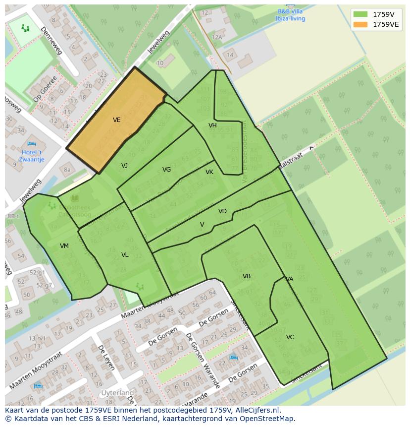 Afbeelding van het postcodegebied 1759 VE op de kaart.