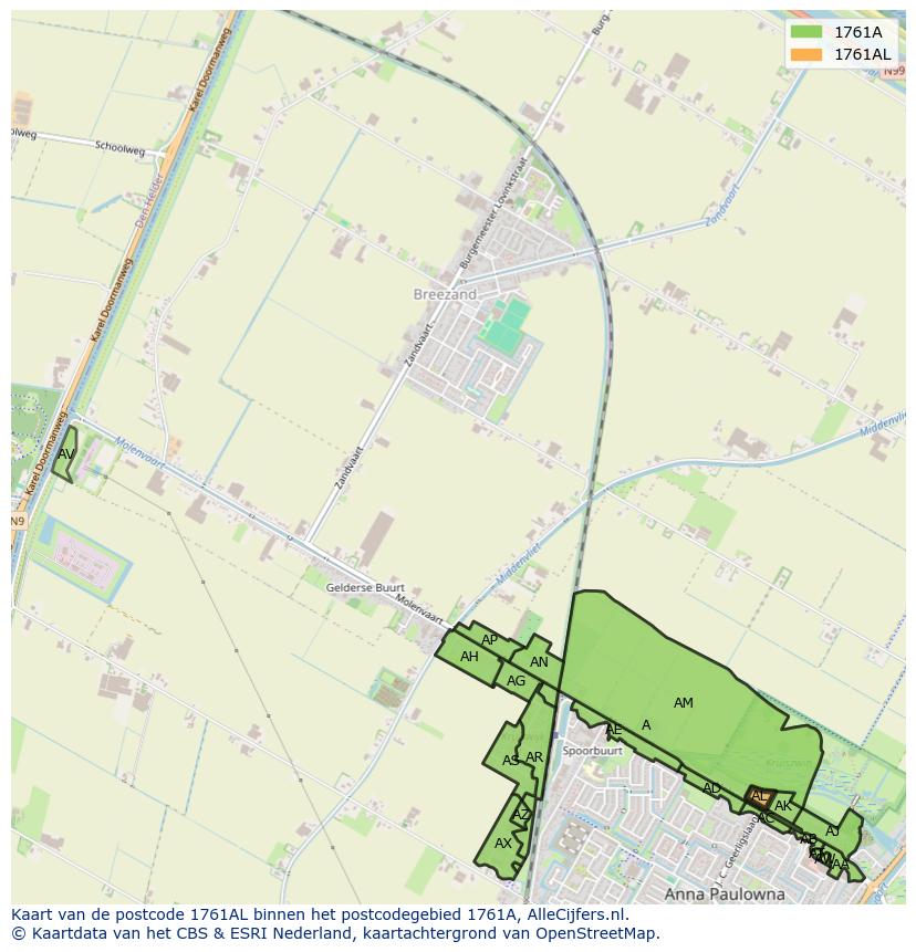 Afbeelding van het postcodegebied 1761 AL op de kaart.