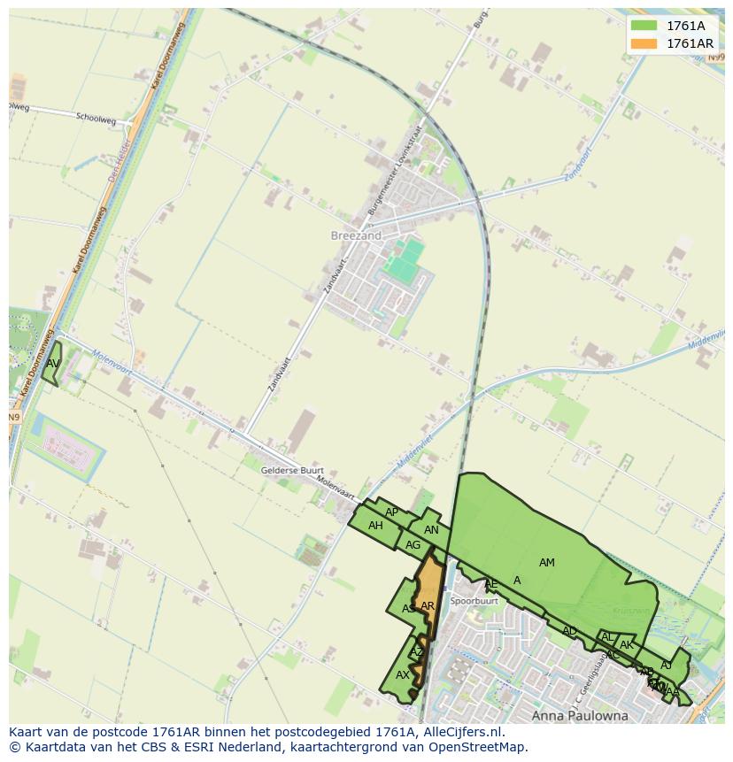 Afbeelding van het postcodegebied 1761 AR op de kaart.