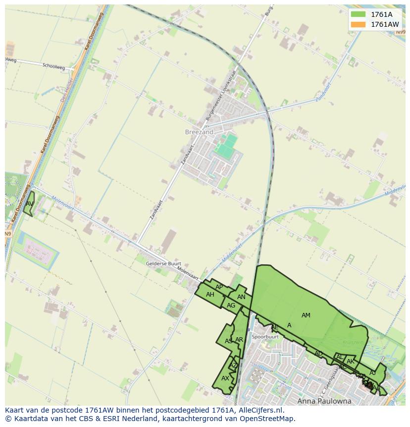 Afbeelding van het postcodegebied 1761 AW op de kaart.