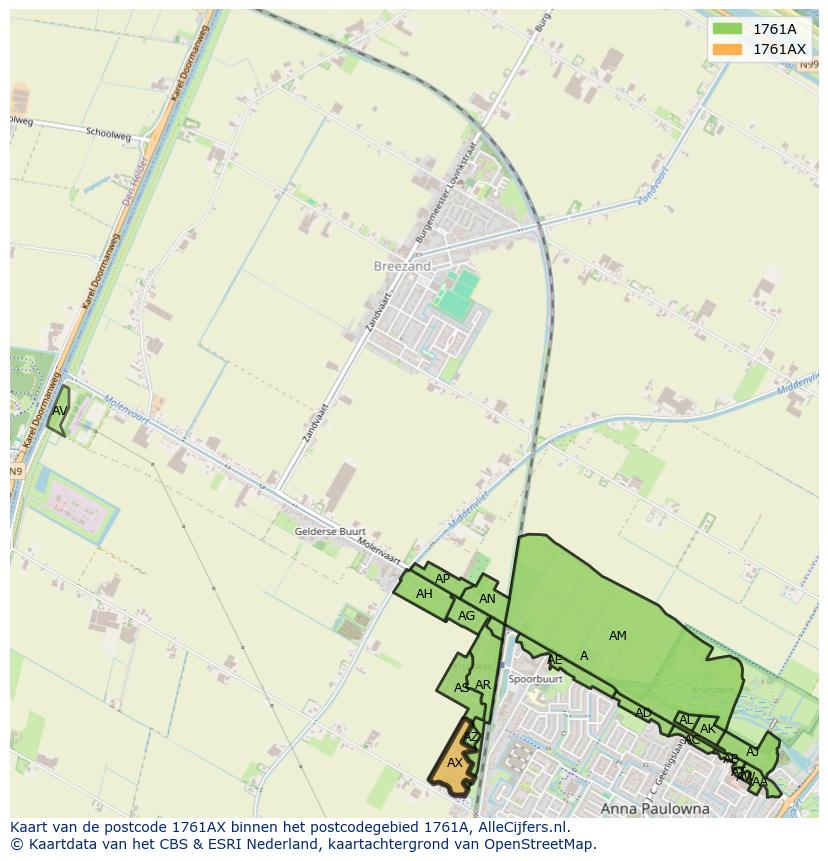 Afbeelding van het postcodegebied 1761 AX op de kaart.