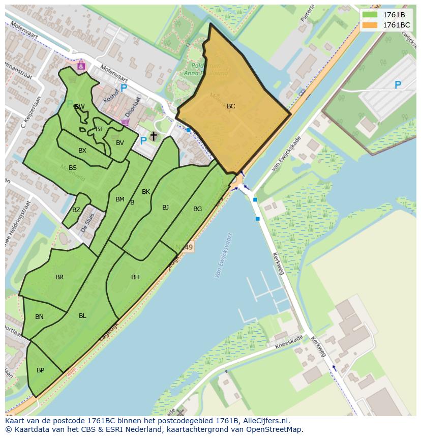 Afbeelding van het postcodegebied 1761 BC op de kaart.