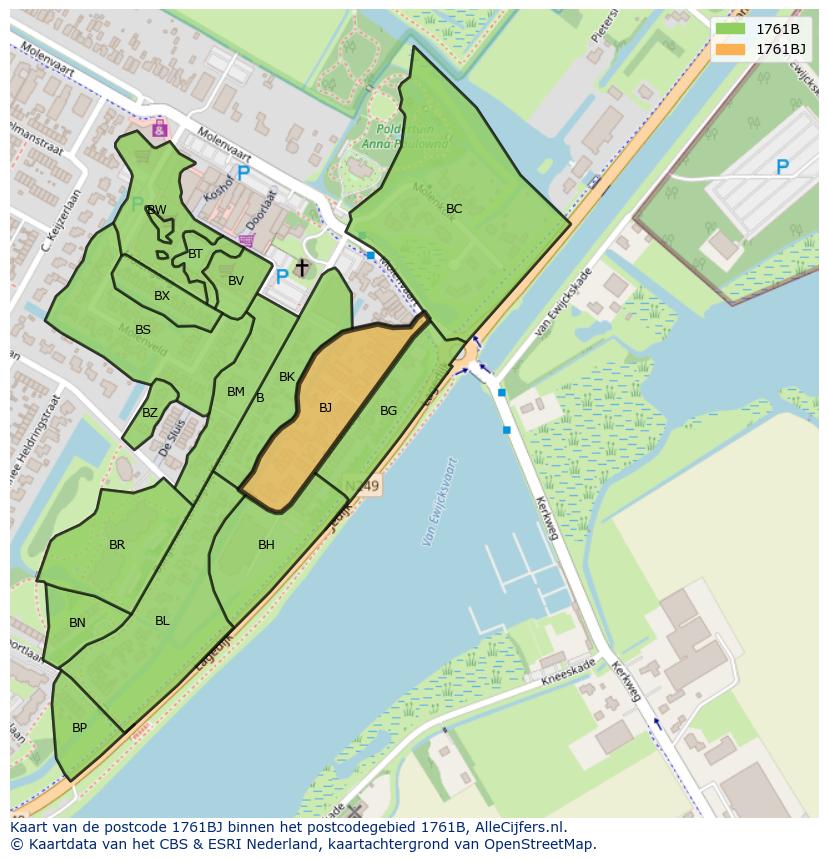 Afbeelding van het postcodegebied 1761 BJ op de kaart.