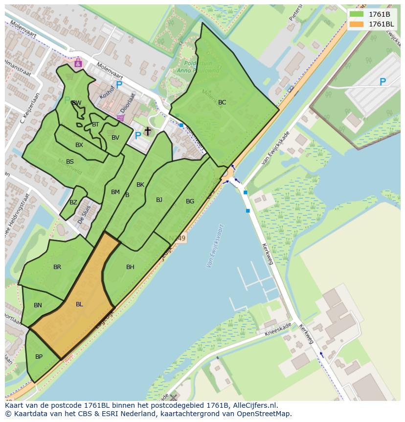 Afbeelding van het postcodegebied 1761 BL op de kaart.