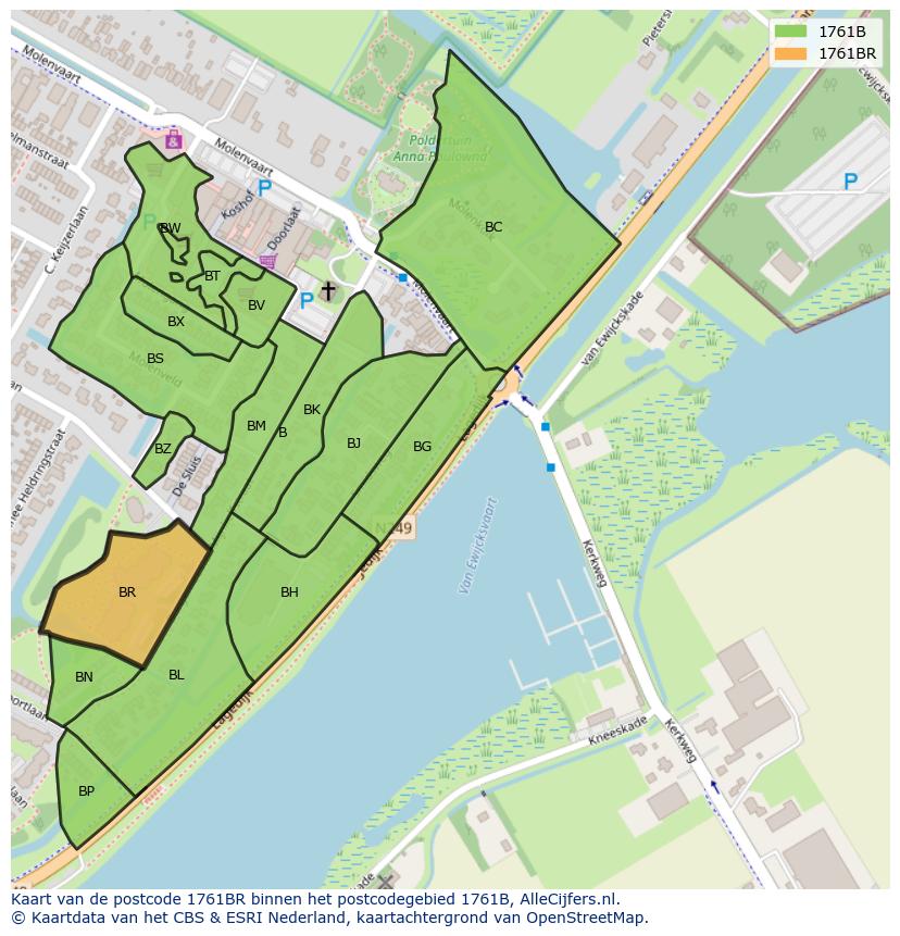 Afbeelding van het postcodegebied 1761 BR op de kaart.