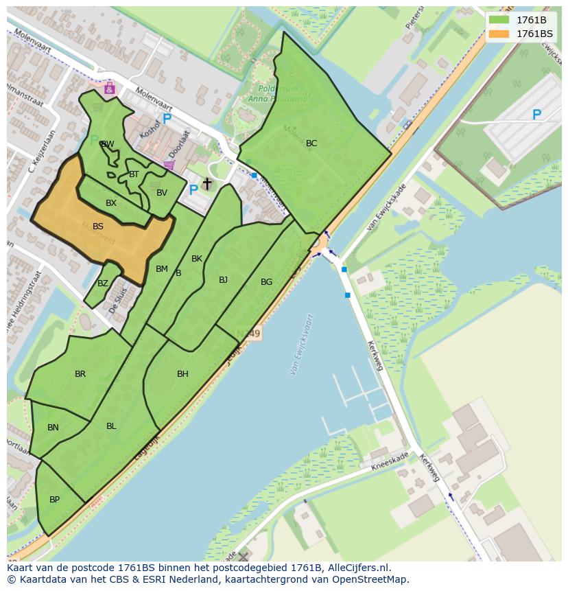 Afbeelding van het postcodegebied 1761 BS op de kaart.
