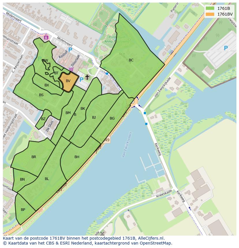 Afbeelding van het postcodegebied 1761 BV op de kaart.