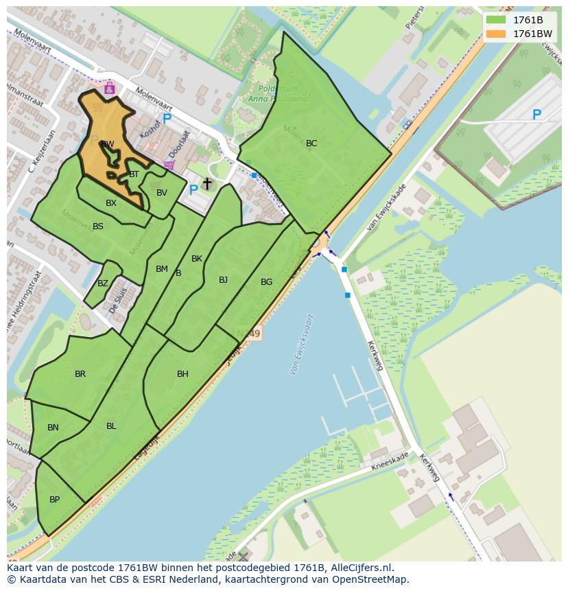 Afbeelding van het postcodegebied 1761 BW op de kaart.