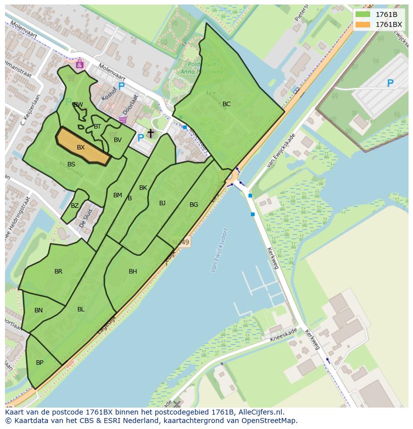 Afbeelding van het postcodegebied 1761 BX op de kaart.