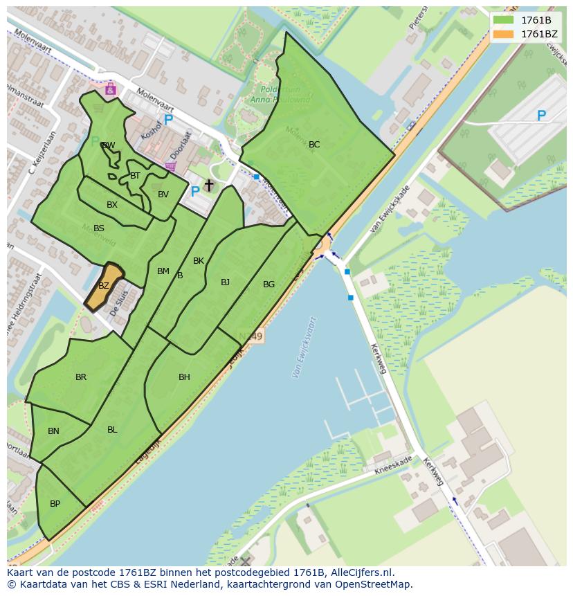 Afbeelding van het postcodegebied 1761 BZ op de kaart.