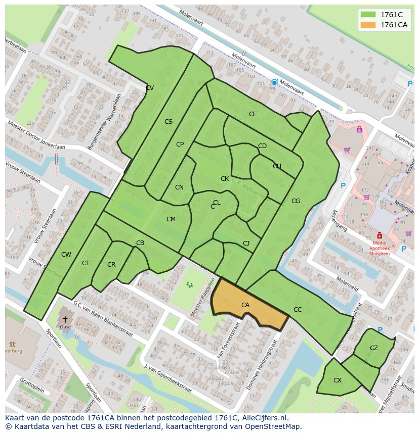 Afbeelding van het postcodegebied 1761 CA op de kaart.