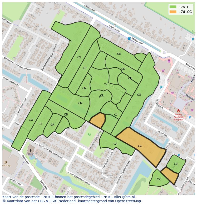 Afbeelding van het postcodegebied 1761 CC op de kaart.
