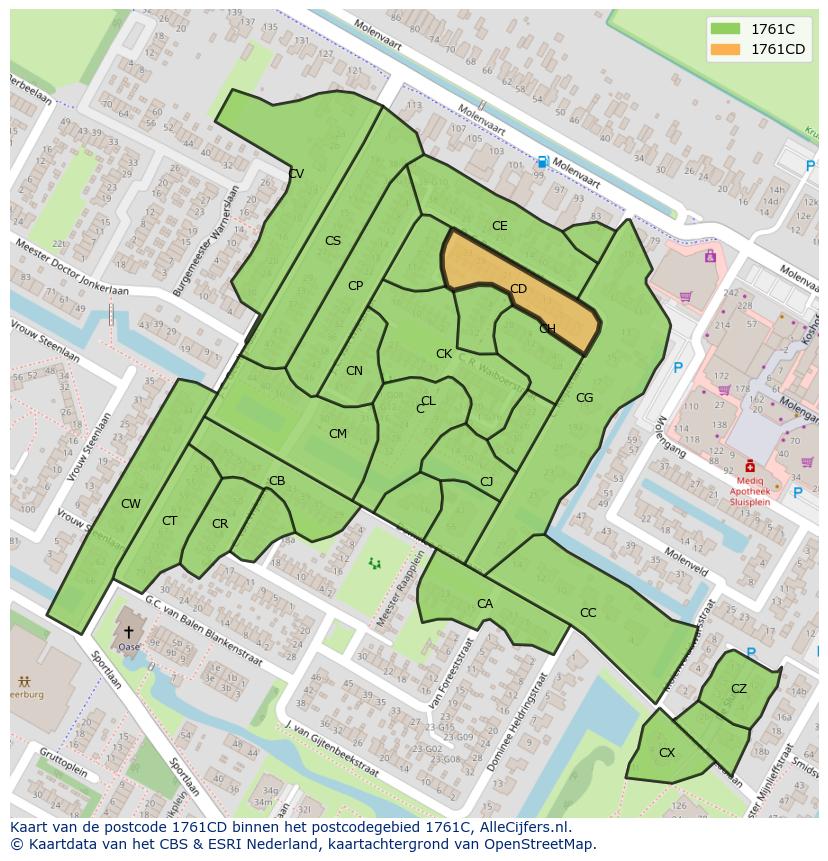 Afbeelding van het postcodegebied 1761 CD op de kaart.