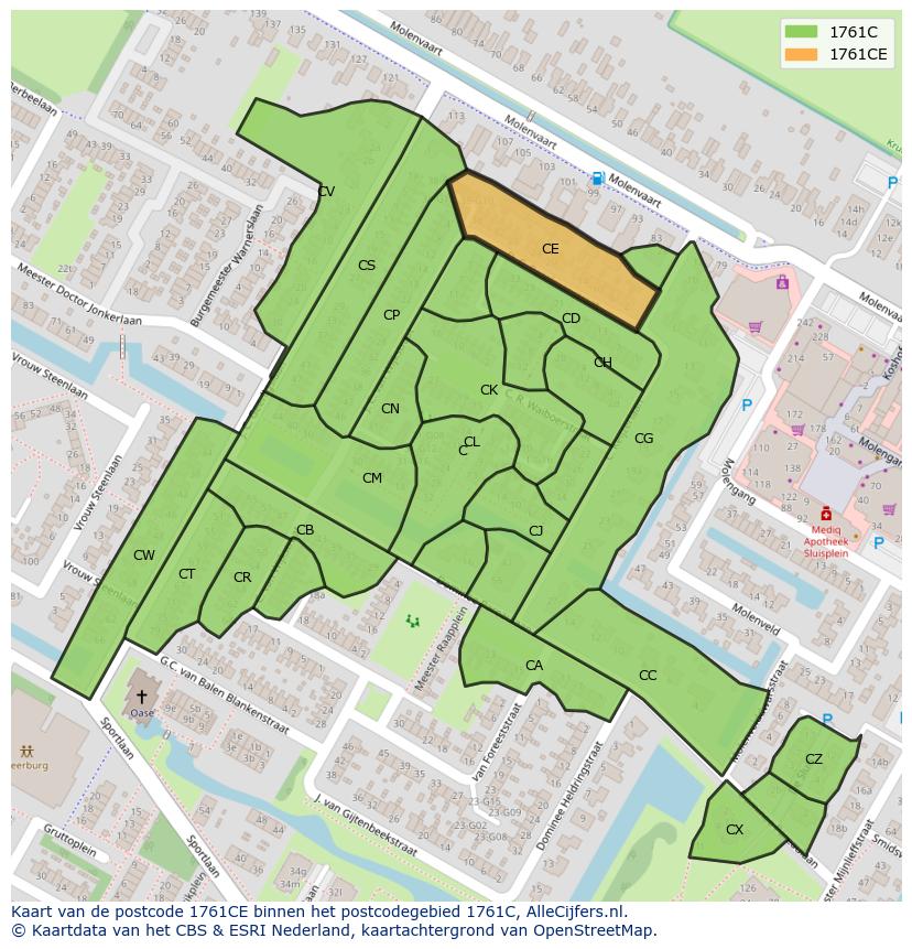 Afbeelding van het postcodegebied 1761 CE op de kaart.