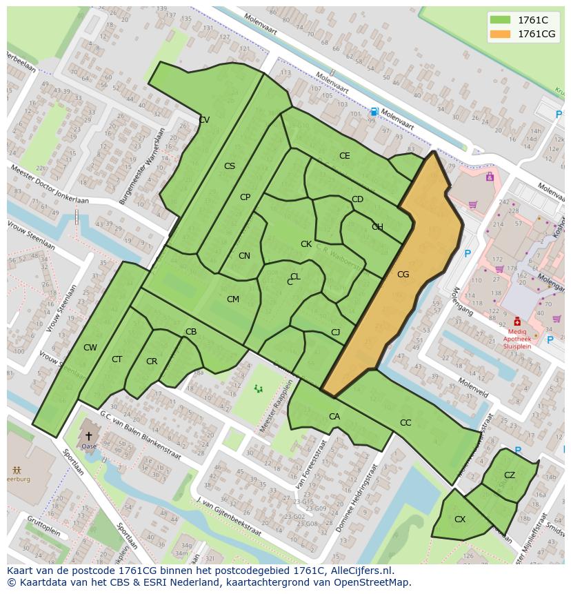 Afbeelding van het postcodegebied 1761 CG op de kaart.