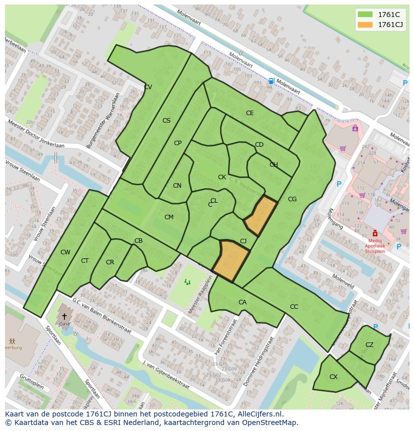 Afbeelding van het postcodegebied 1761 CJ op de kaart.