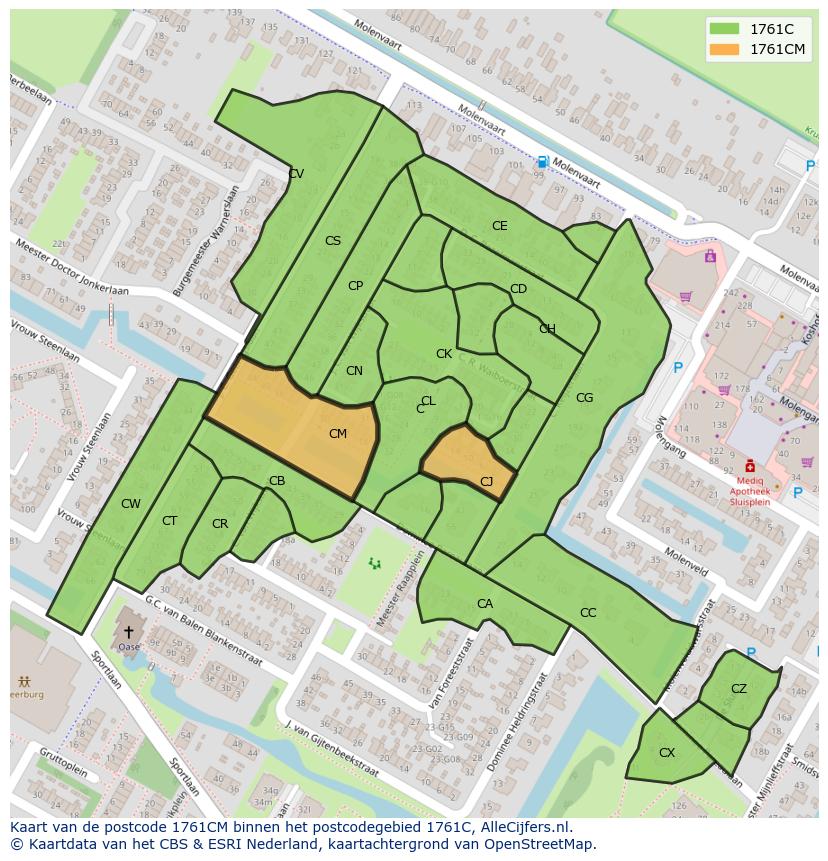 Afbeelding van het postcodegebied 1761 CM op de kaart.