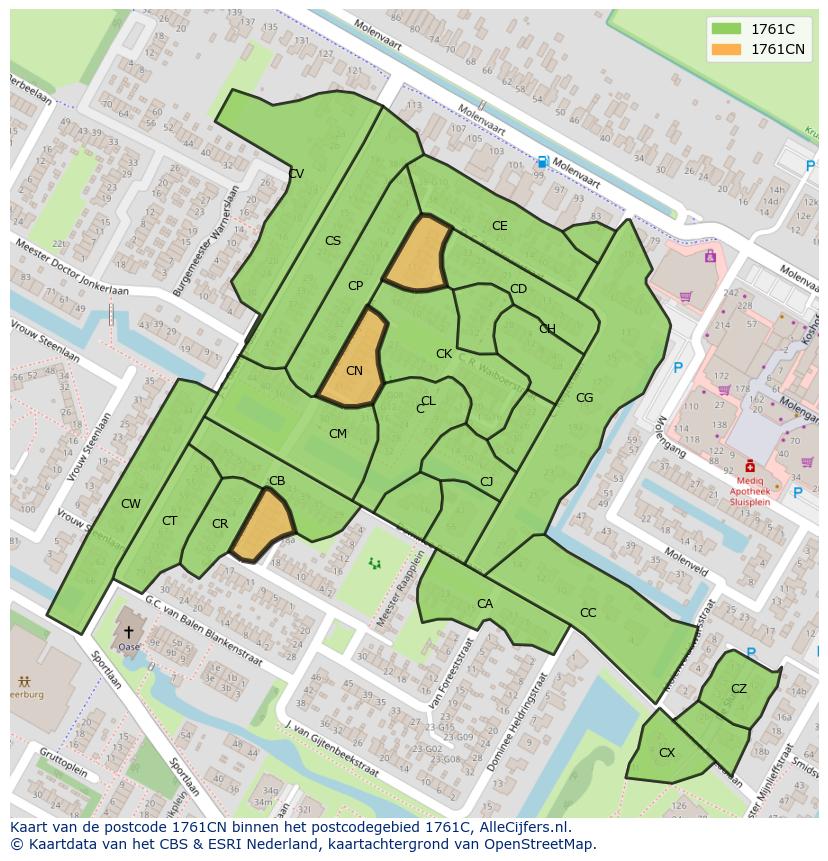 Afbeelding van het postcodegebied 1761 CN op de kaart.