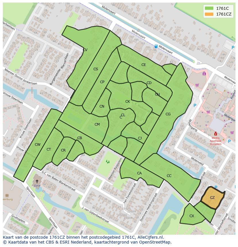 Afbeelding van het postcodegebied 1761 CZ op de kaart.