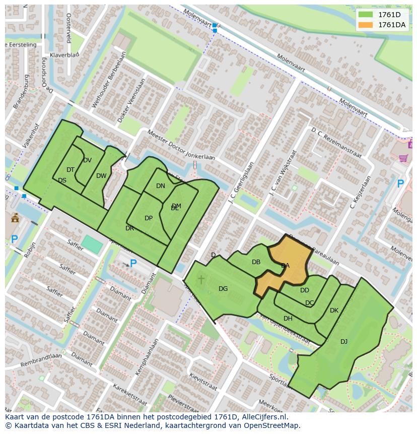 Afbeelding van het postcodegebied 1761 DA op de kaart.