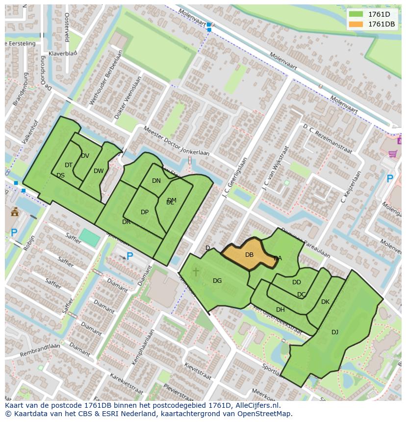 Afbeelding van het postcodegebied 1761 DB op de kaart.