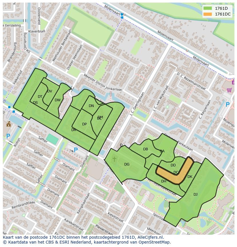 Afbeelding van het postcodegebied 1761 DC op de kaart.