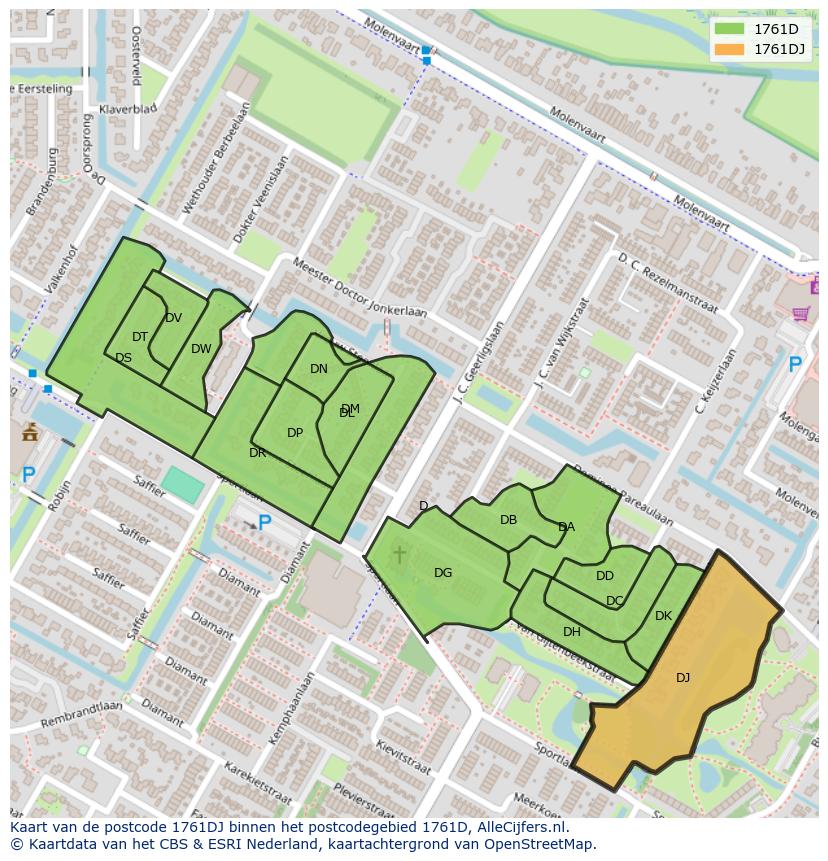 Afbeelding van het postcodegebied 1761 DJ op de kaart.