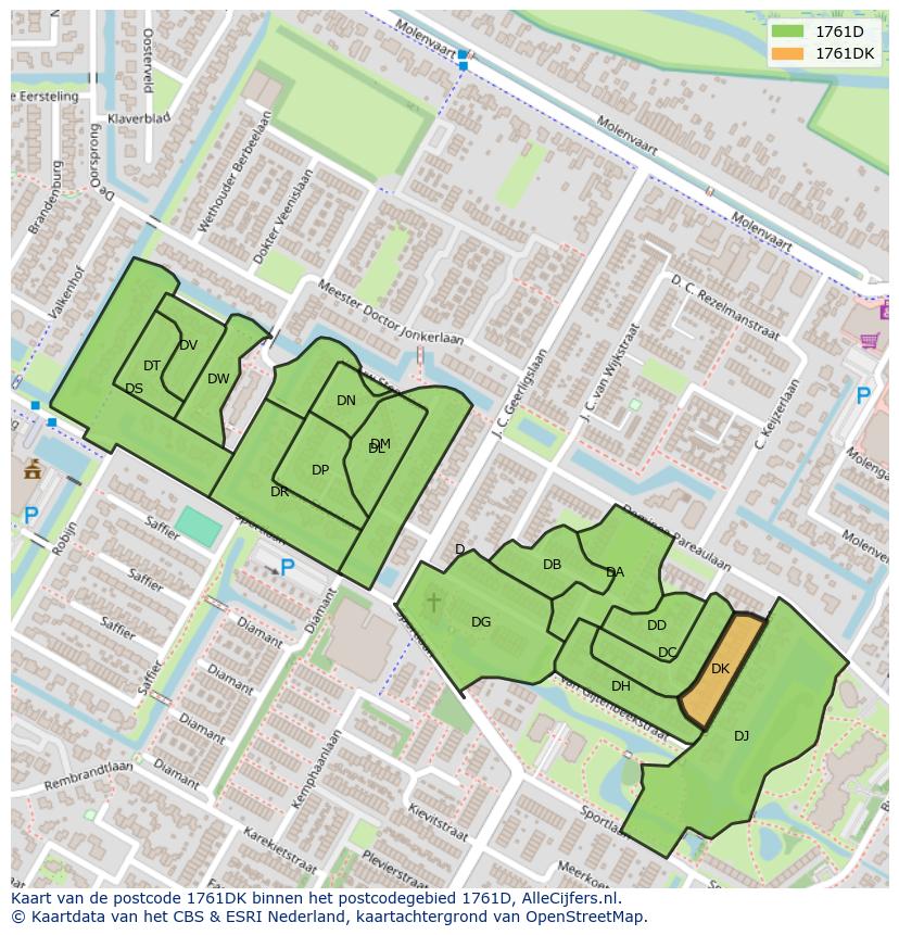 Afbeelding van het postcodegebied 1761 DK op de kaart.
