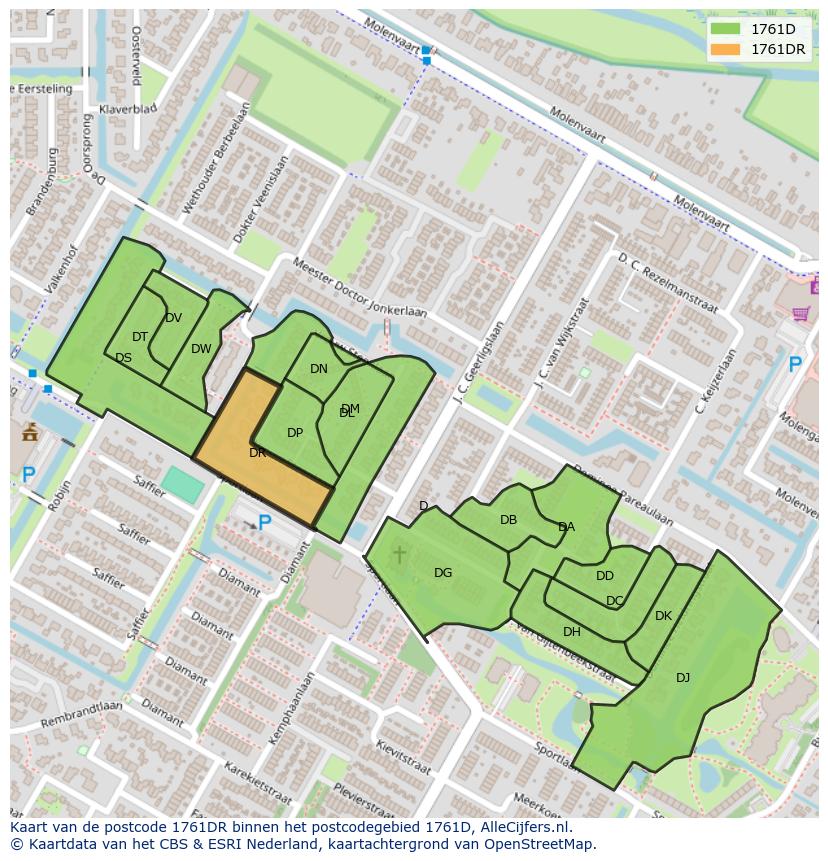 Afbeelding van het postcodegebied 1761 DR op de kaart.
