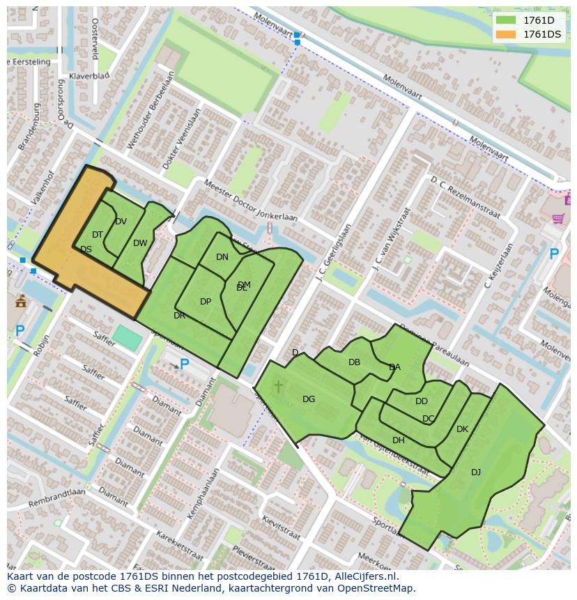 Afbeelding van het postcodegebied 1761 DS op de kaart.