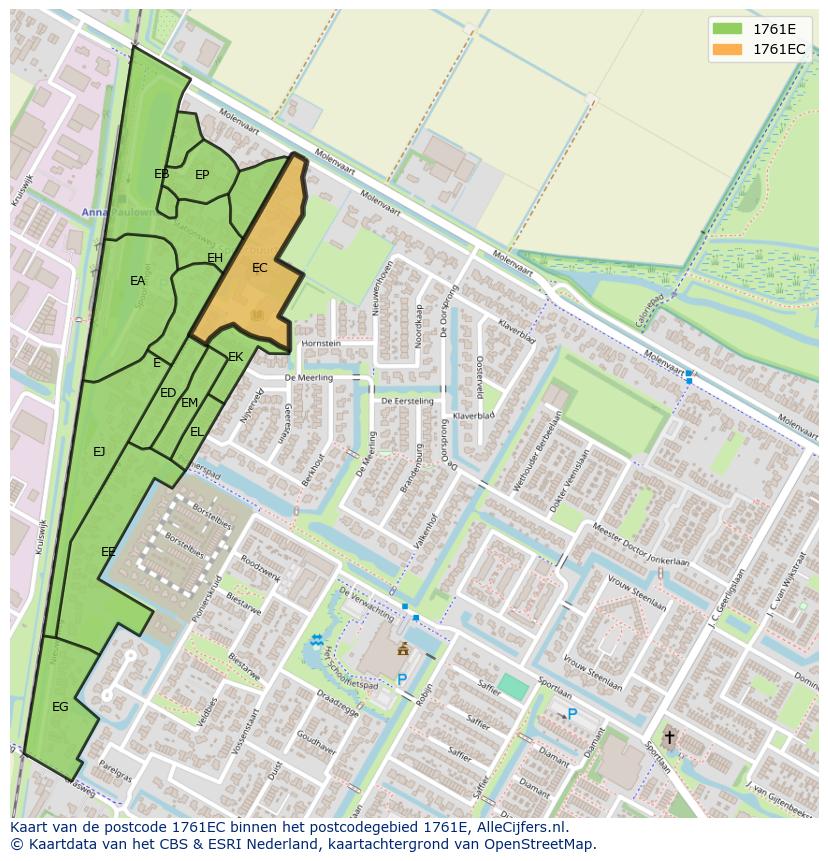 Afbeelding van het postcodegebied 1761 EC op de kaart.
