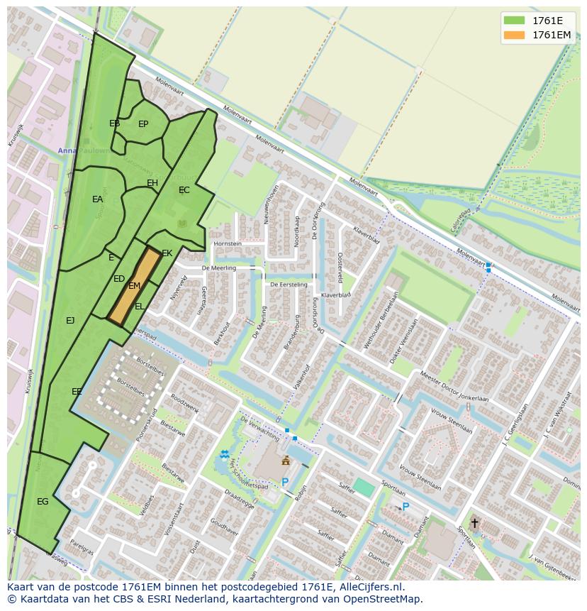 Afbeelding van het postcodegebied 1761 EM op de kaart.