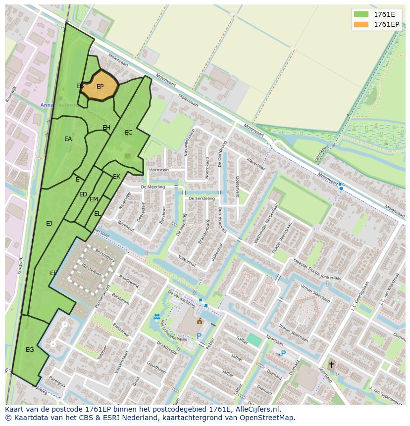 Afbeelding van het postcodegebied 1761 EP op de kaart.