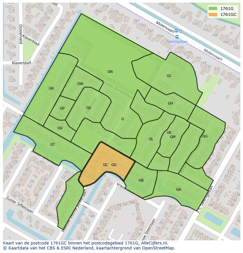 Afbeelding van het postcodegebied 1761 GC op de kaart.