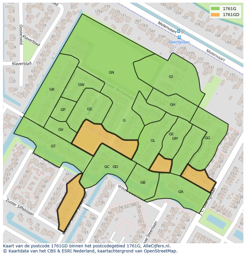 Afbeelding van het postcodegebied 1761 GD op de kaart.