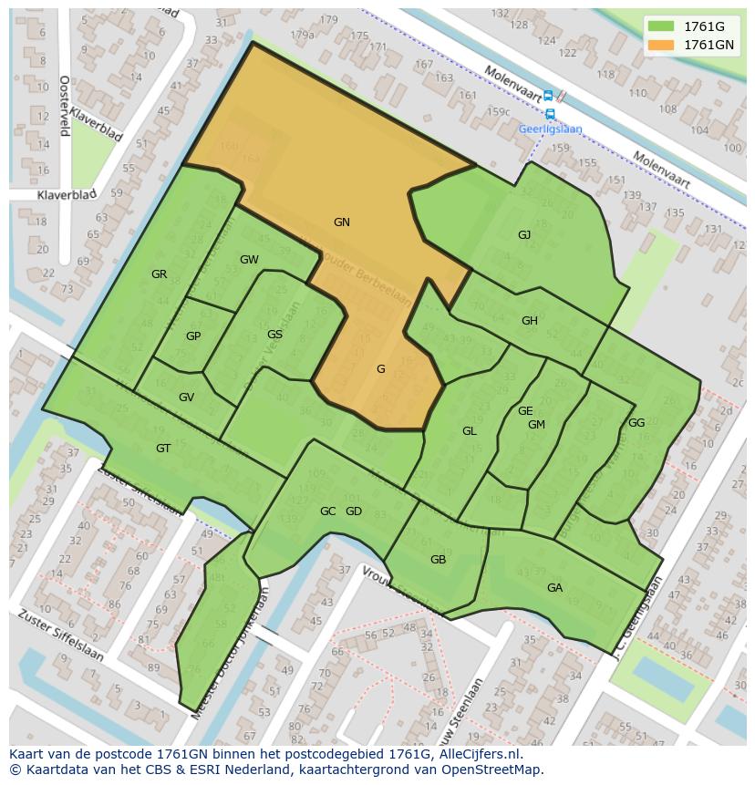 Afbeelding van het postcodegebied 1761 GN op de kaart.