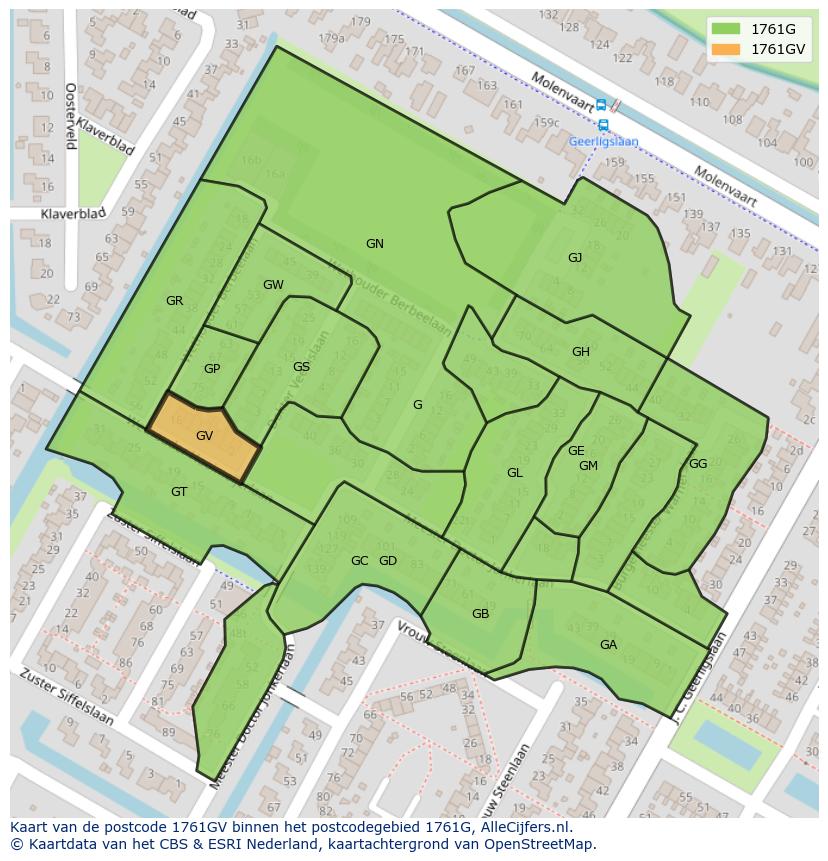 Afbeelding van het postcodegebied 1761 GV op de kaart.