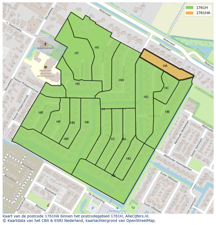 Afbeelding van het postcodegebied 1761 HA op de kaart.