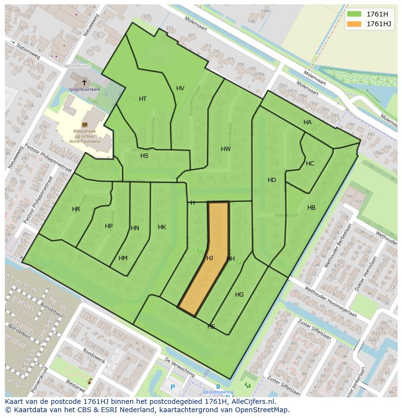 Afbeelding van het postcodegebied 1761 HJ op de kaart.