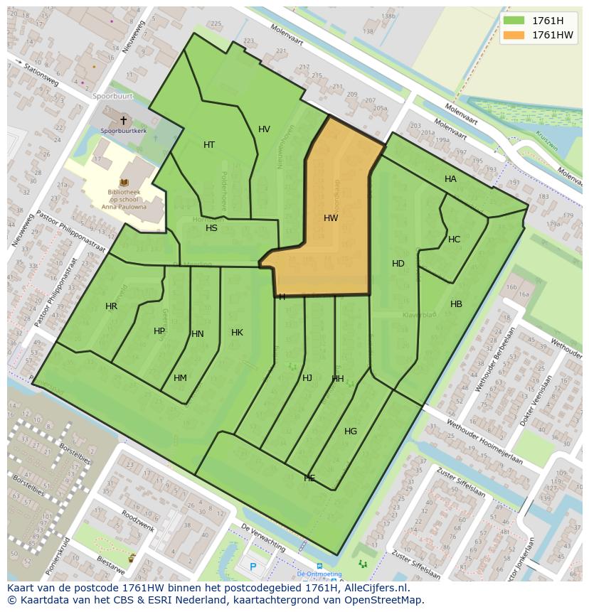 Afbeelding van het postcodegebied 1761 HW op de kaart.
