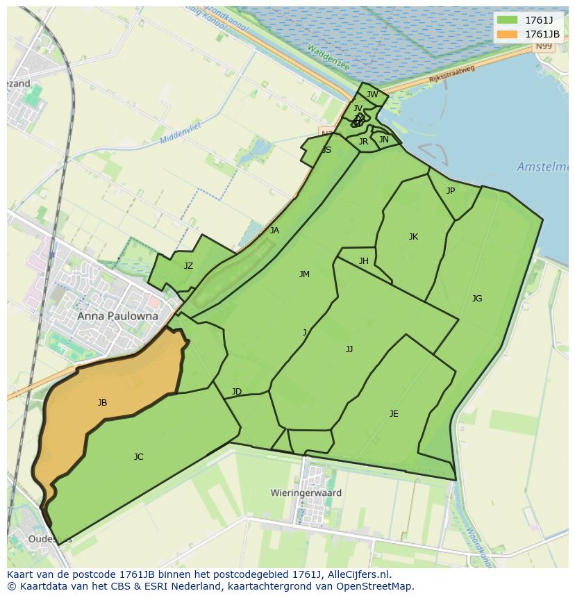 Afbeelding van het postcodegebied 1761 JB op de kaart.