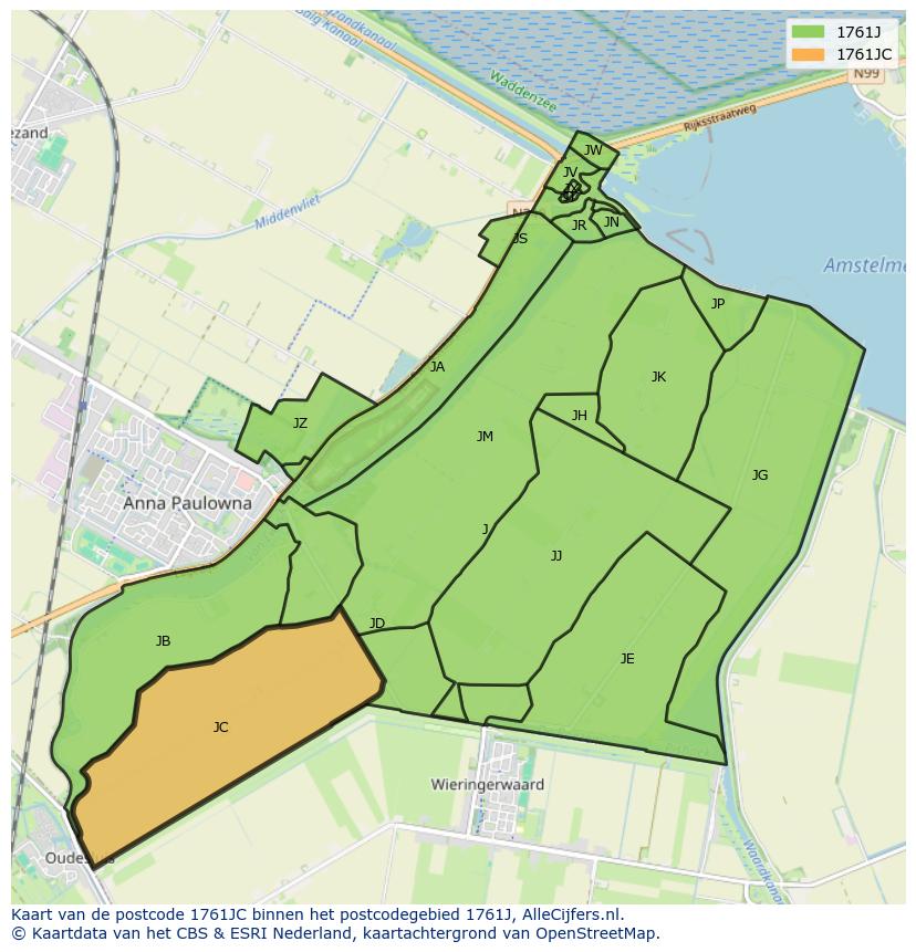 Afbeelding van het postcodegebied 1761 JC op de kaart.