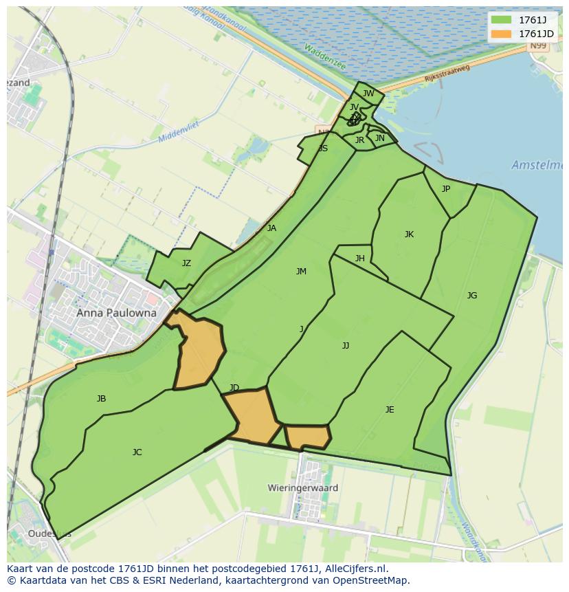 Afbeelding van het postcodegebied 1761 JD op de kaart.