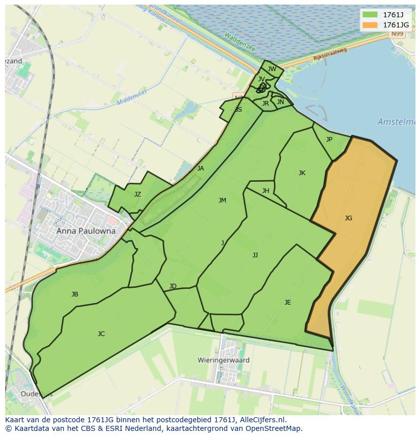 Afbeelding van het postcodegebied 1761 JG op de kaart.