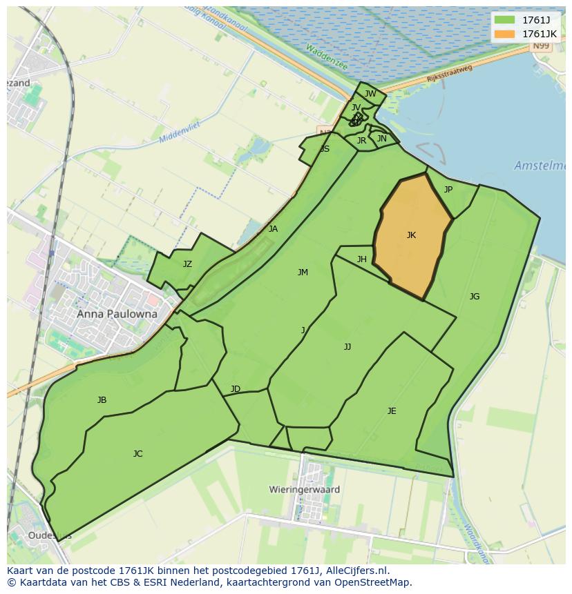 Afbeelding van het postcodegebied 1761 JK op de kaart.